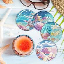 8pcs/Set Diamond Paint Cup Coaster Set, Acrylic Starfish & Shell Coasters (With Holder) - Home Decor DIY Diamond Art Craft Kit For Beginners, Adults, Artificial Diamond Art Craft Supplies Gift - Multicolor - View 5