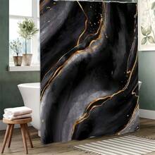 1/4 Pcs Black Marble Pattern Bathroom Set, Including Waterproof Shower Curtain, Slip-Resistant Mat, Toilet Seat Cover And U-Shaped Pad, Full Shower Curtain Set, 12 Hooks, Bathroom Decor, Holiday Gift Bathroom Accessories Back To School