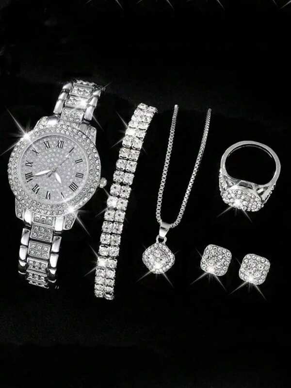 6PCS Women Fashion Luxury Quartz Watch Set With Diamond Embellished Numeral Bracelet (1PC Watch + 5PCS Accessories)