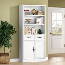 Bookcase With Doors And Drawers, Adjustable Shelves, P2 MDF Construction, Freestanding Cabinet With Metal Handles, Hidden Storage For Living Room, Bedroom - trắng - Xem 1