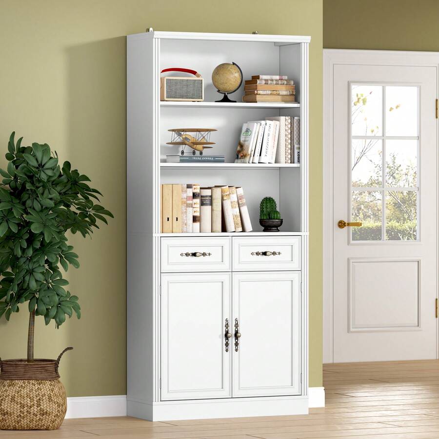 Bookcase With Doors And Drawers, Adjustable Shelves, P2 MDF Construction, Freestanding Cabinet With Metal Handles, Hidden Storage For Living Room, Bedroom - trắng - Xem 1