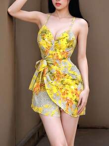 1 pieza Elegante vestido ajustado con estampado floral amarillo sexy, disfraz de Halloween/Navidad para el escenario