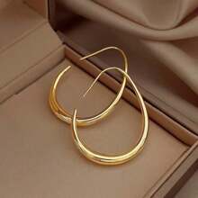 Lightweight Teardrop Hoop Earrings For Women, Bright And Shiny Gold Plated Large Oval Pull Through Hoop Earrings High Polished Statement Jewelry Gift For Women Teen Girls Simple U-Shaped Hoop Earrings For Women
