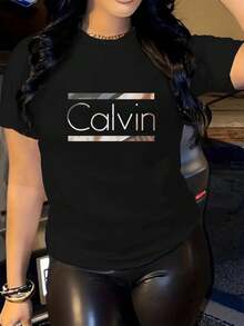 Plus Size Calvin Women Light Blue Graphic Tee Casual Crew Neck Short Sleeve Top With Golden Letter Print Stretchy Comtable SpringSummer Size L-3XL 4XL 5XL - màu đen - Xem 1