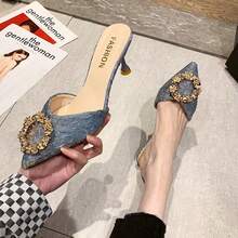 Mujeres Verano Exterior Desgaste Medio Chanclas French Rhinestone Tacones Altos Sandalias Baotou Tacón Fino - Azul - Ver 5