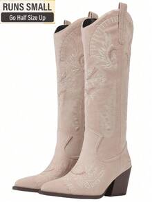 Khaki Cowgirl Outfits For Women Boots Knee High Pointed Toe Thick Heels Festival Shoes Fashion Country Concert Combat Boots For Women - 卡其色 - 查看 10