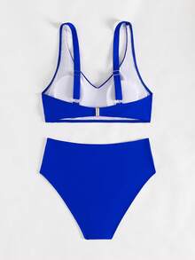 Women's Sexy Criss-Cross Front V-Neck High Waist Solid Color Bikini 2 Pieces Swimwear