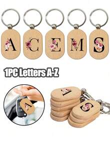 1个黑色字母A-Z花卉图案木质钥匙扣，首字母木质吊坠，创意小礼物，可雕刻，可作包包挂件、木质标签、钥匙扣、戒指、雕刻空白木板、DIY配件、返校礼物 - 杏色 - 查看 2