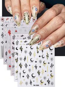 6 件金蛇指甲贴纸，波西米亚 3D 宝石太阳星星月亮自粘指甲贴花，女士 DIY 美甲用品 - 彩色 - 查看 1
