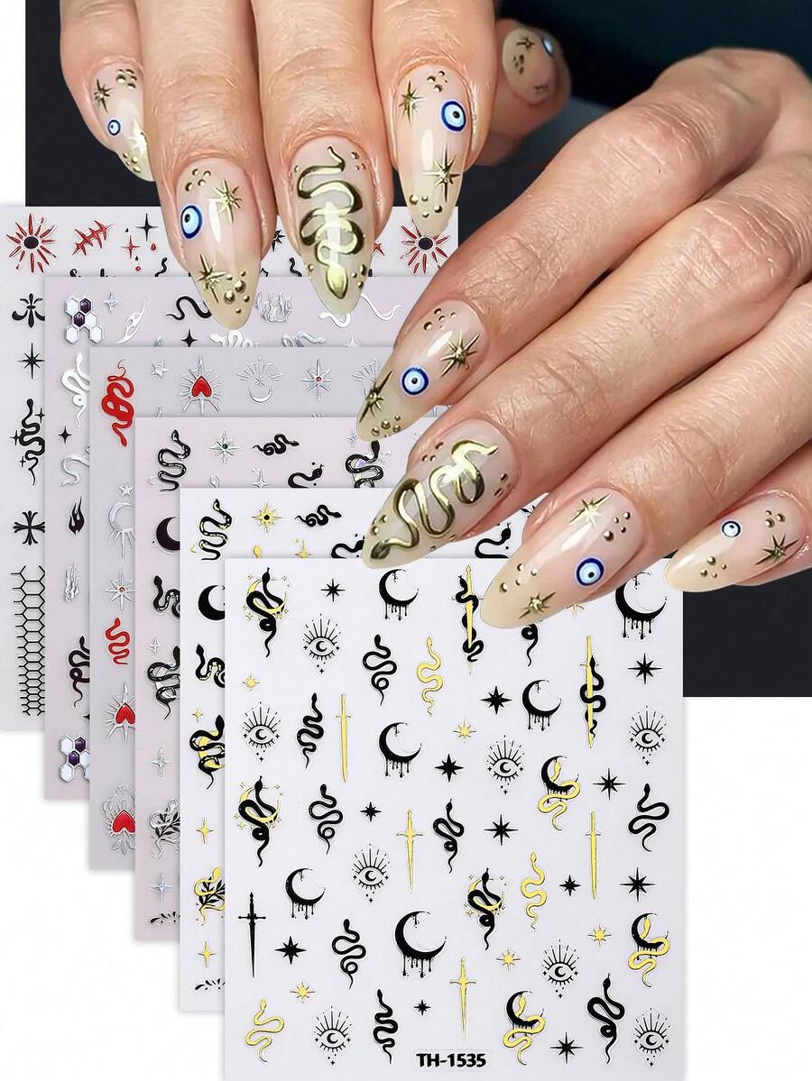 6 件金蛇指甲贴纸，波西米亚 3D 宝石太阳星星月亮自粘指甲贴花，女士 DIY 美甲用品 - 彩色 - 查看 1