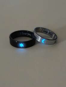 ATLVXJL 2pcs/Set Glow-In-The-Dark Sun & Moon "I LOVE YOU" Stainless Steel Rings, Casual Couple Jewelry Suitable For Daily Wear And Valentine's Day Gift - Multicolor - View 1