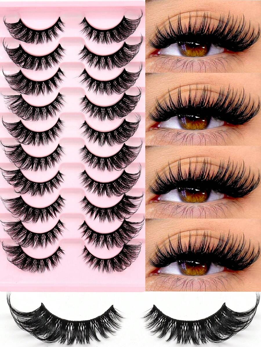10 Pairs Of Fluffy And Volumous Lashes, Visibly Thickened Natural Full Lashes, False Eyelashes Thick Natural Full Lashes, Cat-Eye Theatrical Style False Eyelashes, Russian Curly, Natural, Fluffy, Beginner Thick, Fluffy, Light