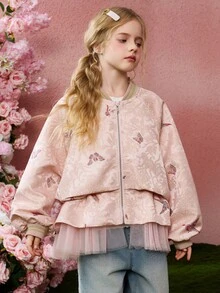 ASK JUNIOR 女童粉色可爱网眼拼布连衣裙，背面饰有水钻蝴蝶结，配有开衫 - 粉色 - 查看 5