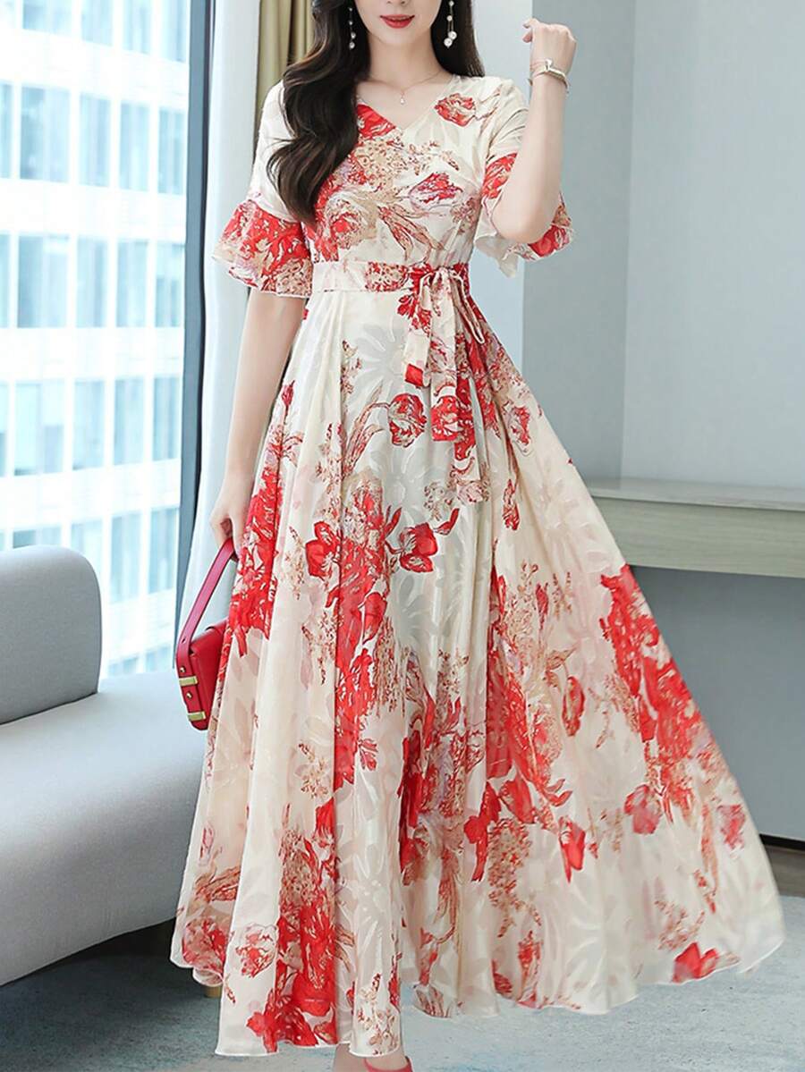 Elegant Women's Floral Dress - Lotus Leaf Sleeves, Tie Bow, Temperament V-Neck - Summer Romantic Bohemian Style Long Printed Skirt