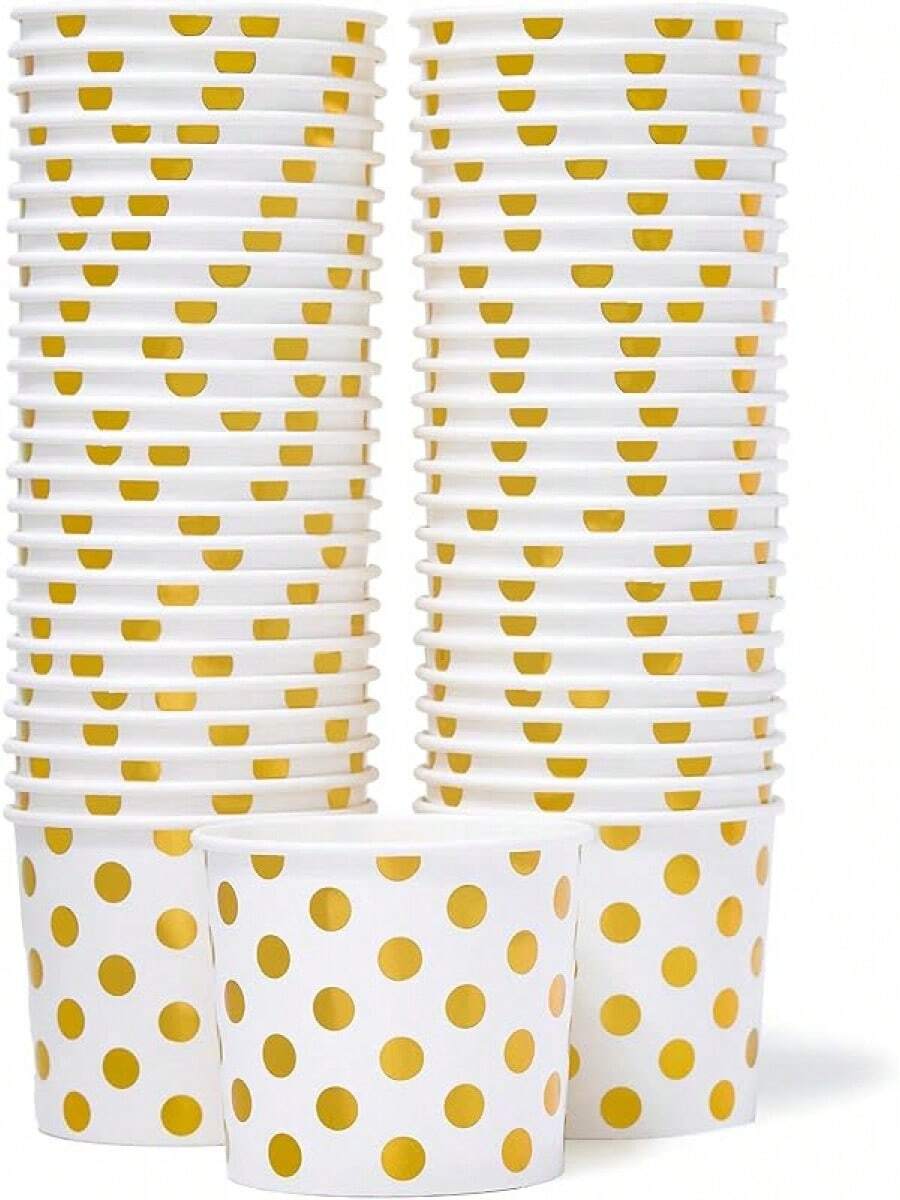 Paper Ice Cream Cups - 50-Count 9-Oz Disposable Dessert Bowls For Hot Or Cold Food, 9-Ounce Party Supplies Treat Cups For Sundae, Frozen Yogurt, Soup, Gold Foil Polka Dots - 50 - View 1