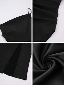 Vellofy Women's Solid Color Satin Midi Dress, Spaghetti Strap Cowl Neck Ruched High Slit Bodycon Dress, Suitable For Wedding Guest And Party - Matte Black - View 12