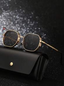 015068863-0009-SX2358 1 buc Ochelari de soare geometrici metalici de vară pentru bărbați, ochelari stil stradal la modă, negri/aurii/argintii/maro, ramă mai groasă cu orificii de ventilație, vine cu husă din piele PU sau hârtie (aleatoriu) Look preppy la modă pentru întoarcerea la școală