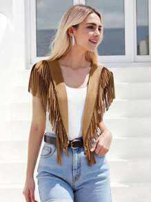 Women's Suede Tassel Vest 70s Hippie Outfit Sleeveless Open Front Vest Western Collar