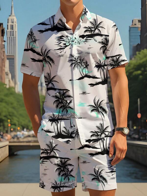 2pcs/Set Slim Fit Palm Tree Print Single-Breasted Short Sleeve Shirt Outfit, Beach Casual Summer