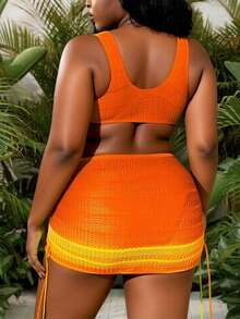 Slaydiva Set de 2 trajes de baño tipo vestido de mujer talla grande con tirantes anchos, cintura con cordón y abertura lateral, de colores degradados, para uso en la playa - Naranja - Ver 2
