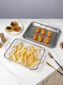 1pc/2pcs 304 Stainless Steel Double-Ear Roasting Net Basket, 13-Inch Stainless Steel Wave Bottom Roasting Pan, Reusable Rectangular Mesh Basket For Frying, Grilling, Kitchen Filter, Outdoor Camping BBQ, Home Oven Baking Tools, Kitchen Accessories