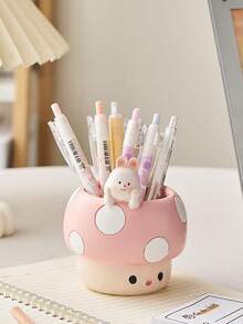 1个可爱蘑菇笔筒，儿童/女孩办公桌收纳装饰，开学季，儿童节礼物 - 彩色 - 查看 14