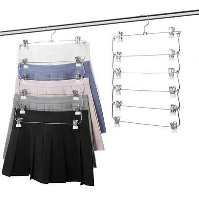 1-2pcs 6-Layer Multipurpose Metal Clothes Hanger, Skirt/Pants Clips, Minimalist Style Wardrobe Space Saver Storage Rack With 12 White Clips