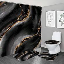 1/4 Pcs Black Marble Pattern Bathroom Set, Including Waterproof Shower Curtain, Slip-Resistant Mat, Toilet Seat Cover And U-Shaped Pad, Full Shower Curtain Set, 12 Hooks, Bathroom Decor, Holiday Gift Bathroom Accessories Back To School