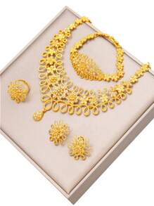 4 Peças Conjunto de Joias de Luxo em Estilo Boêmio Vintage com Gota d'Água, Brincos, Anéis, Colares e Pulseiras, Joias Tradicionais de Noiva de Dubai para Noivado, Decoração de Casamento, Presente Perfeito para o Dia dos Namorados
