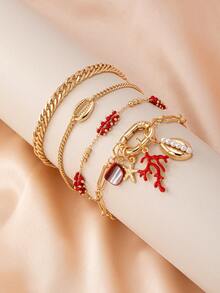 4 件套珊瑚贝壳海星手链套装，适合女士，夏季海滩手链度假风格珠宝链式手链 - A11684 - 查看 12