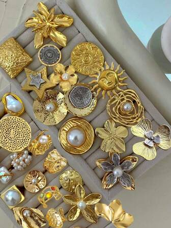 20/15/12/6/1st willekeurige vintage boho-stijl overdreven metalen imitatieparelbloem, strik, zeester, schelp, halve cirkel, kleurrijke bal, asymmetrische lijn krulringset, holle open verstelbare ringen voor vrouwen, geschikt voor zomerstrand, feest, dagelijks gebruik, cadeau-idee