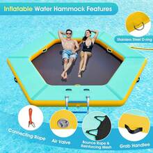 Inflatable Lake Raft For 4–10 People – Heavy Duty PVC Water Hammock With Mesh Bed, Soft Ladder & Cup Holders, Round & Hexagon Float For Summer Fun - Mint Green - View 6