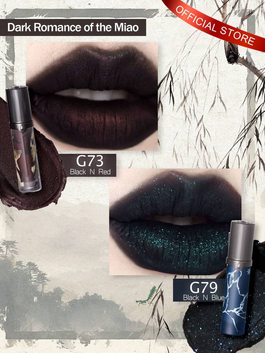 Girlcult Dark Romantic G73+G79，质地轻盈透气，持久不脱妆，丝滑粉状配方，纯素配方，柔雾妆效，不拔干，便携罐装，适合打造渐变唇妆，3.8克/0.13盎司 + 3.8毫升/0.13液盎司