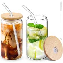 Glass Cups With Lid And Straw, 16oz Beer Glasses Glass Coffee Cups, Iced Coffee Cups With Lid, Glass Tumbler With Straw And Lid (2 PACK) - 2 Glasses + 2 Straws + 2 Lids - View 8