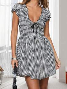 Women Mini Dress Short Sleeve V Neck Plaid Dress Summer A-Line Dress For Daily Party