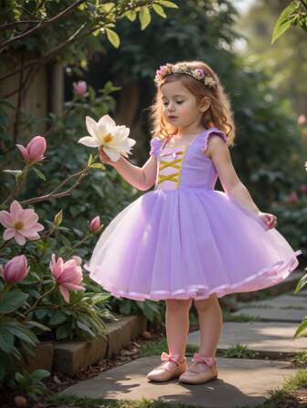 女婴紫色优雅薄纱公主裙，适合派对、聚会、正式场合