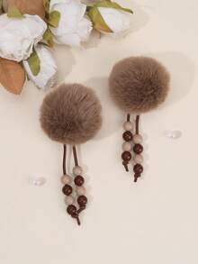 2 件棕色 Pom Pom 女童发夹可爱 Pom Pom 流苏鳄鱼夹幼儿女孩发夹带串珠流苏日常派对装扮发夹儿童发饰