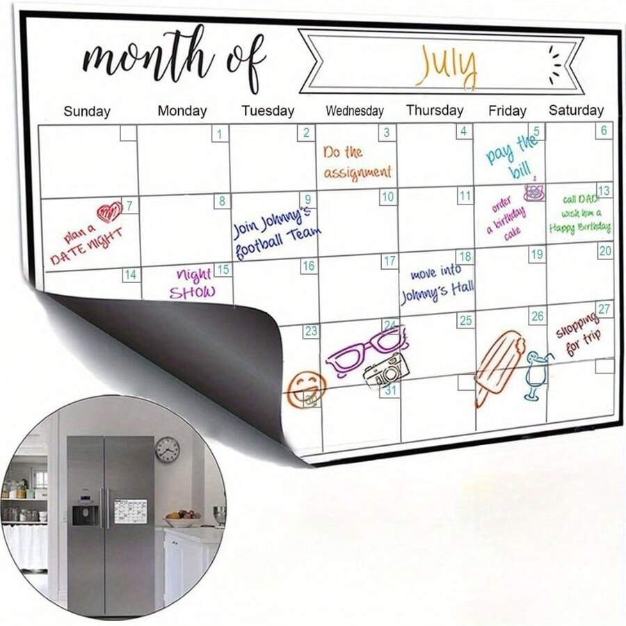 Magentic Wipe Monthly Calendar, Daily To-Do Board, Suitable For Fridge Calendar Magnets, Household Supplies, Fridge Magnets, Perfect For Kitchen Organization, Meal Planning, Family Planners, Reminders - 1pc - 查看 1