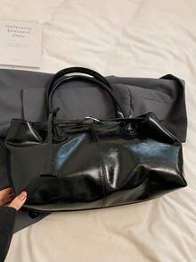 1个女士大容量手提包，PU皮革单肩包，休闲经典简约设计师商务风格包，时尚女士通勤包，黑色、白色、棕色、银色 - 黑色 - 查看 4