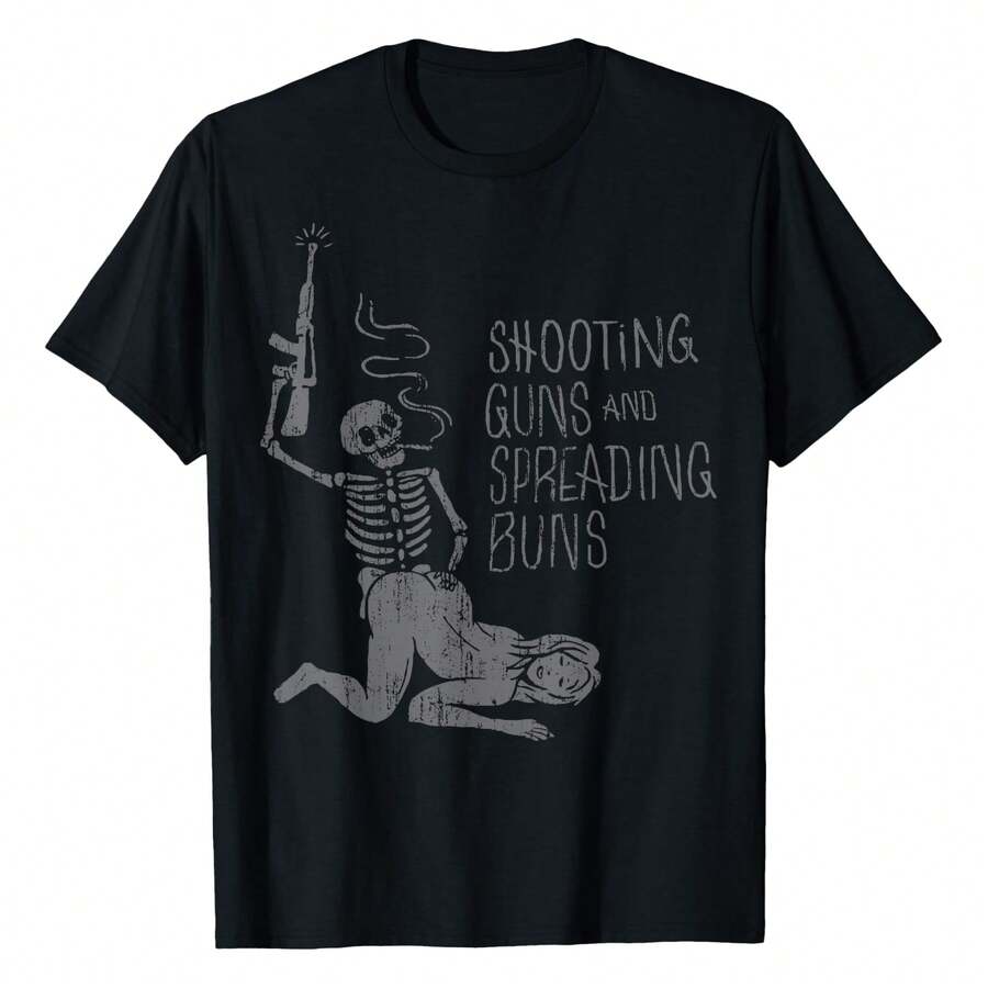 Men's Shooting Guns And Spreading Buns T-Shirt Comfortable, Stretchy, Soft & Breathable Fabric | Moisture-Wicking, Wrinkle-Resistant | Edgy Fashion & Relaxed Fit Apparel | Graphic Print - 黑色 - 查看 1