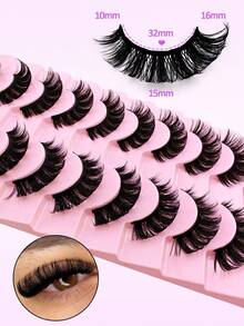 10 Pairs D Curl Russian Strip False Eyelashes Cat Eye Lashes Natural Look Fluffy Faux Mink Lashes Volume Wispy Long Foxy Eye Lifting Look Fake Eyelashes Strip Lashes, Lashes, Eyelashes, Fake Lashes - Black - View 4