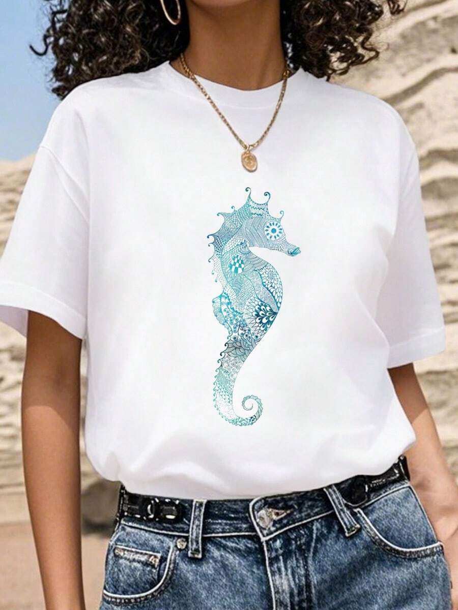 Turquoise Seahorse Ocean Design-Shirt        Summer-Shirt Women - 白色 - 查看 1