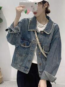 Chaqueta vaquera corta de estilo retro americano con bordes deshilachados, diseño nuevo para mujeres de baja estatura, chaqueta con estilo portuario. - Azul - Ver 5