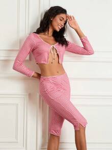 Women's Summer Plaid Outfits Long Sleeve Tie Front Crop Top Gingham Low Waist Slim Capris Pants Set 2 Piece - 紅色 - 查看 6