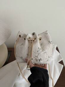 Fashionable New Mini Floral Hardware Chain Drawstring Women's Bucket Shoulder Bag, Multifunctional Leisure Vacation Style Pearl Chain Crossbody Bag, Suitable For Shopping, Wallets, Shopping, Young Women, College Students, Newcomers And White-Collar Workers. They Are Very Suitable For Offices, Universities, Work, Business, Commuting, Outdoor Activities, Travel, And Outings