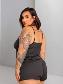 Short Doll Plus Size Garter Belt Baby Doll Female Adult Pajamas In Garter Belt Simple Romantic Sleeveless - 黑色 - 查看 2