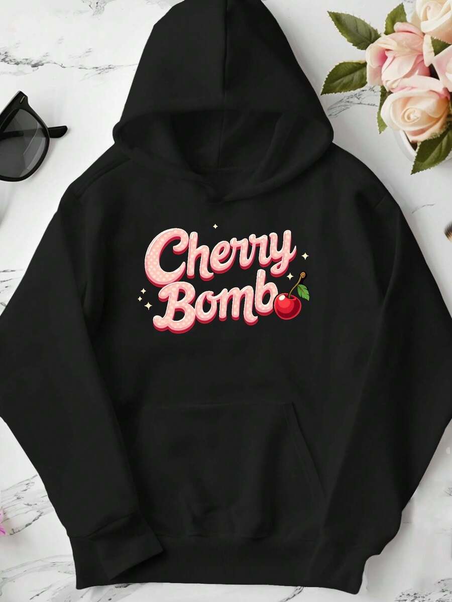 Sudadera casual con capucha para mujer de estilo retro con tipografía de "Cherry Bomb", gráfico de "Street Life", apta para uso diario, escuela, vestimenta urbana, atuendo casual, de moda, cómoda, vintage, juvenil - Negro - Ver 1