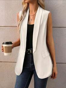 Women's Casual Vest Blazer With Flap Collar - 米色的 - 查看 1