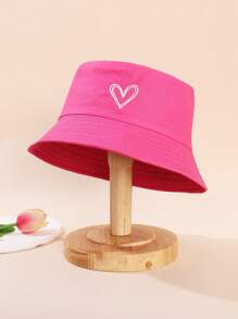 1pc Vintage Solid Color Heart Embroidery Kids Bucket Hat, Outdoor Sports Travel Sun Protection Sunscreen Bucket Hat For Boys And Girls