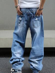 Y2K Ripped Baggy Jeans For Men Distressed Wash Wide-Leg Streetwear Star Waist Full-Length Pants - 淺色水洗藍 - 查看 5